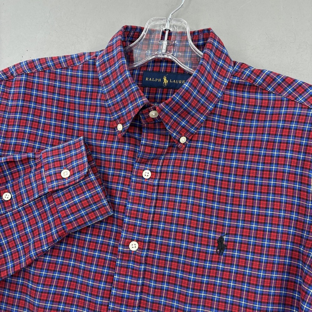 Ralph Lauren Shirt Mens M Red Blue Plaid Button Down Long Sleeve Classic Fit‎